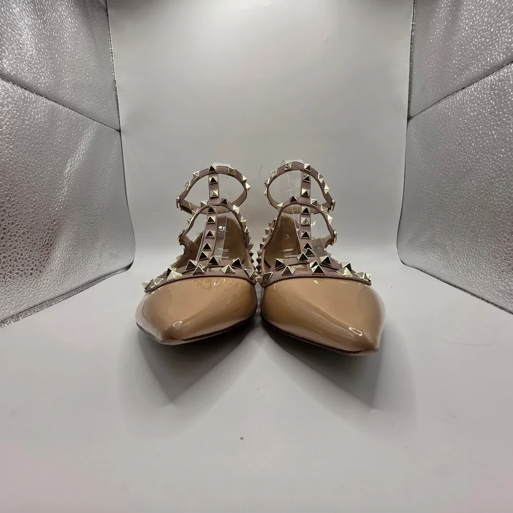Kaitlyn Pan Nude Patent Rockstud Strappy Pointed Toe Flats Shoes Womens 10.5